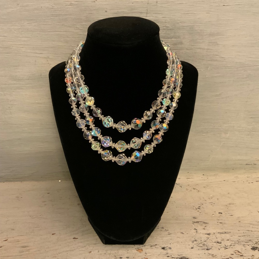 Vintage Iridescent Triple Strand Multilayered Faceted Beaded Choker Necklace GC - Picture 1 of 3